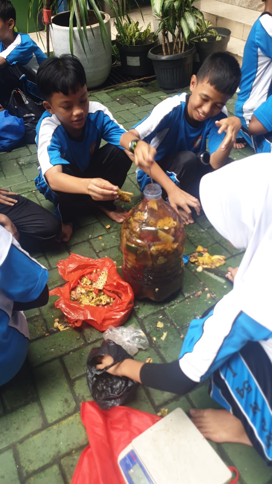 Memasukkan buah yang sudah di potong kecil-kecil ke dalam galon